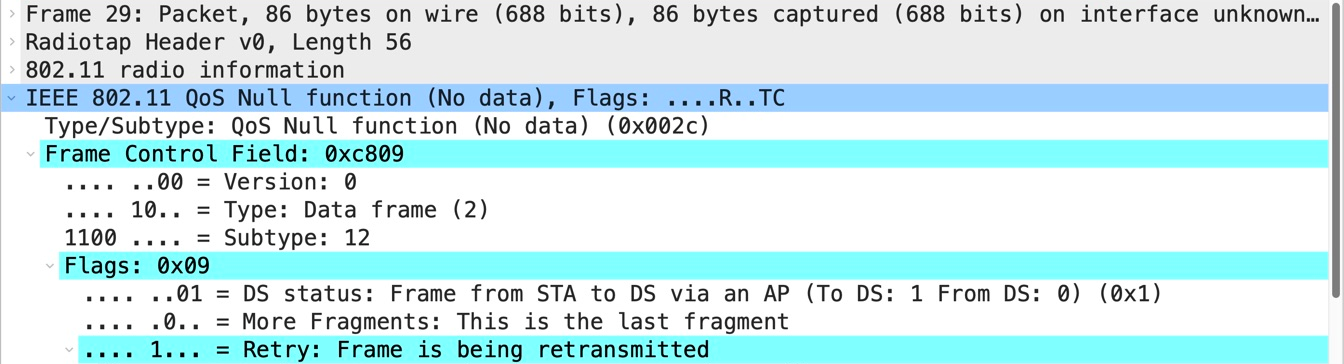 Wireshark detail showing a QoS Null frame with No data and the retry flag set